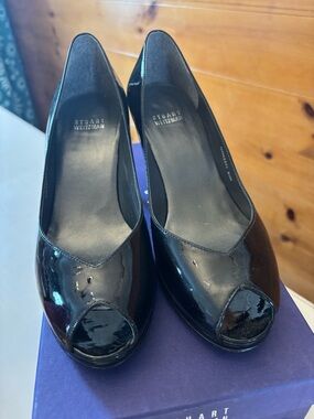 Stuart Weitzman Black Patent Leather Peep-Toe Heels